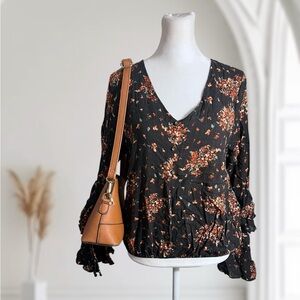Floral Long Sleeve Top Size Small V-Neck Bell Sleeve Boho Blouse Button Front